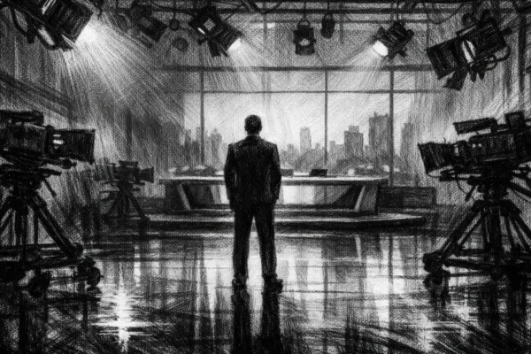 Kinematografski plakat u charcoal film noir stilu, crno-bijela scena jutarnjeg studija s jednom figurom, duboke sjene i dramatično svjetlo stvaraju napetu, melankoličnu atmosferu.