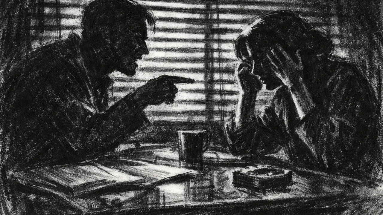 Dvoje ljudi u ozbiljnom razgovoru u mračnoj prostoriji, izražajne sjene i emocije, charcoal film noir stil.