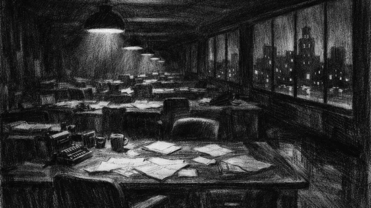 Prazna redakcija noću s jakim kontrastima svjetla i tame, tiha i simbolična scena, charcoal film noir stil.