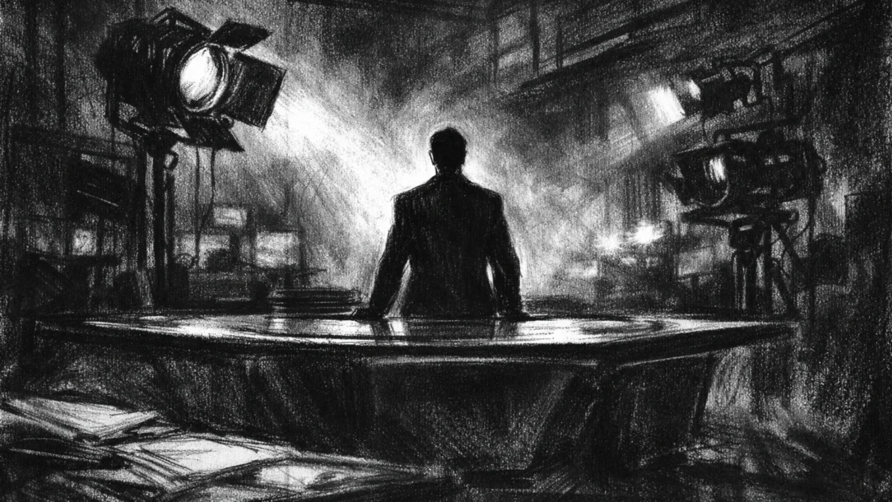 Cinematični prizor s usamljenom figurom u studiju, snažne sjene i napeto ozračje, charcoal film noir stil.