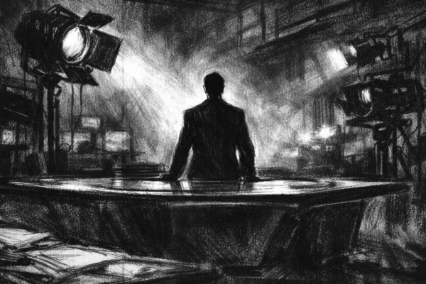 Cinematični prizor s usamljenom figurom u studiju, snažne sjene i napeto ozračje, charcoal film noir stil.