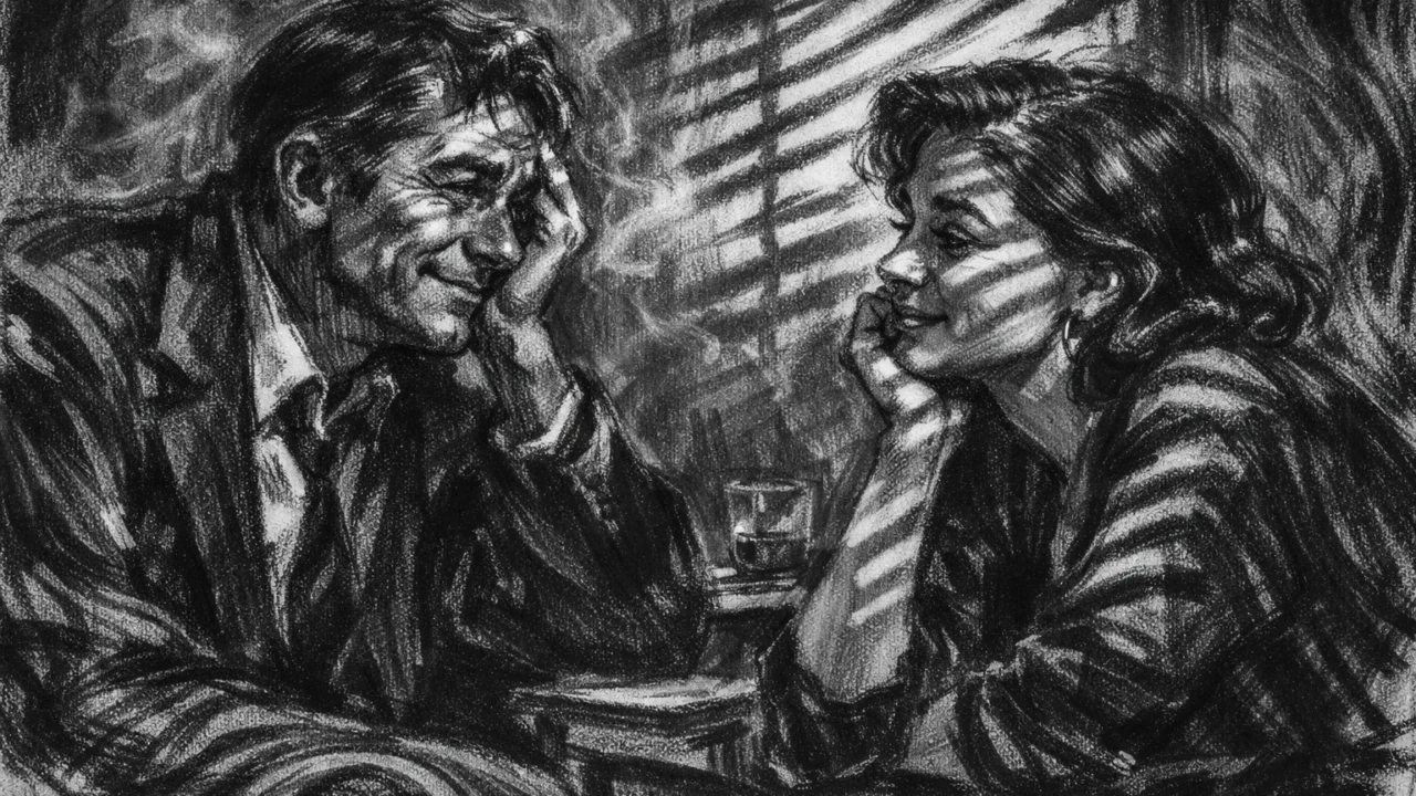 Intimna scena razgovora u zatvorenom prostoru, sjenke s roleta, charcoal film noir stil, crno-bijela estetika i melankolično raspoloženje