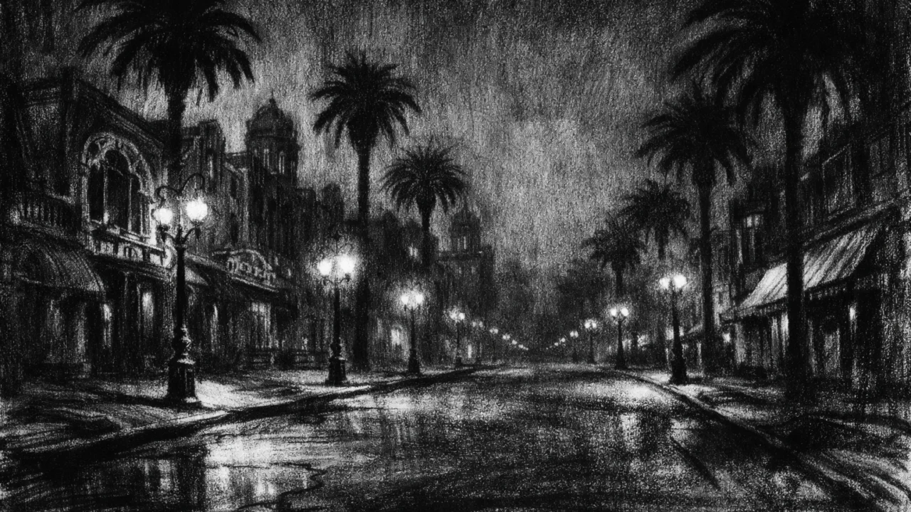 Prazna noćna ulica s palmama i starom arhitekturom, izrađena u charcoal film noir stilu, visoki kontrast i nostalgična atmosfera