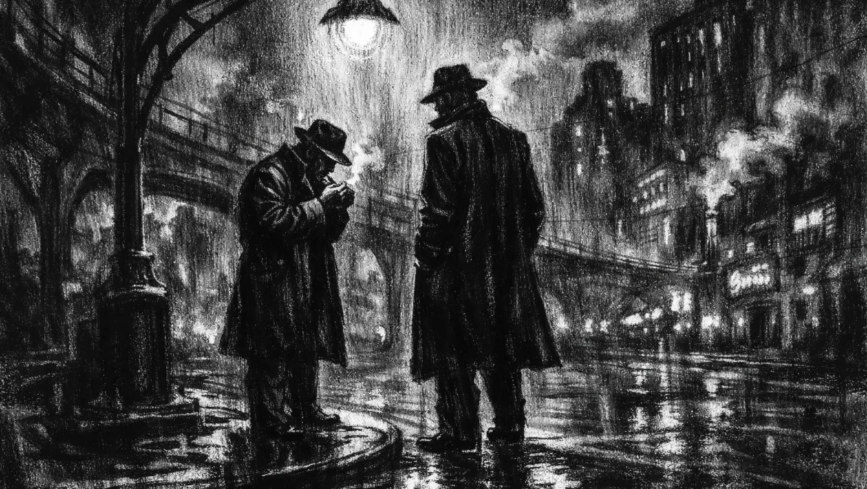 Filmski poster s dva sjenovita lika u gradu, izrađen u charcoal film noir stilu, crno-bijelo, snažni kontrasti i mračna atmosfera