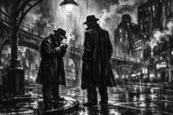 Filmski poster s dva sjenovita lika u gradu, izrađen u charcoal film noir stilu, crno-bijelo, snažni kontrasti i mračna atmosfera