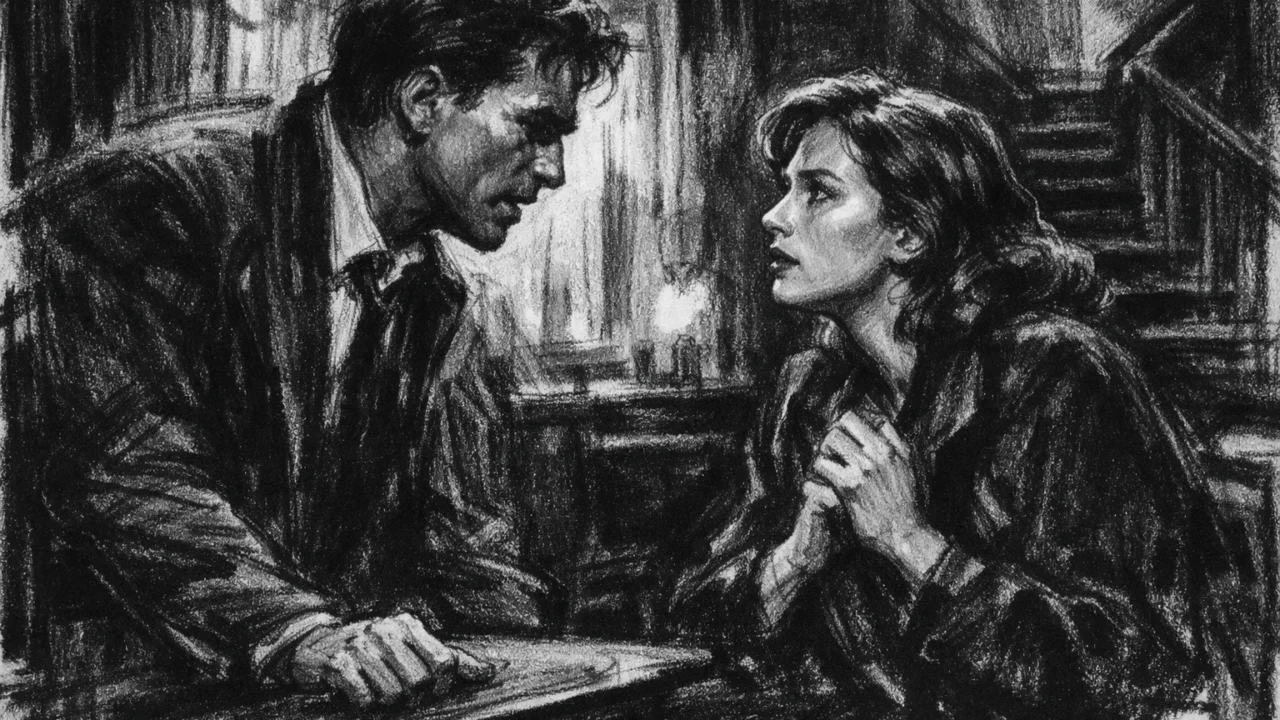 Dramska scena u charcoal film noir stilu