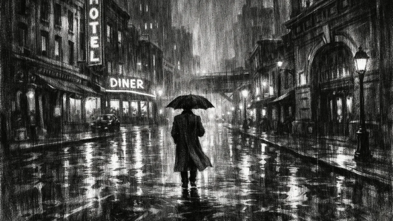 Atmosferska urbana ilustracija u charcoal film noir stilu