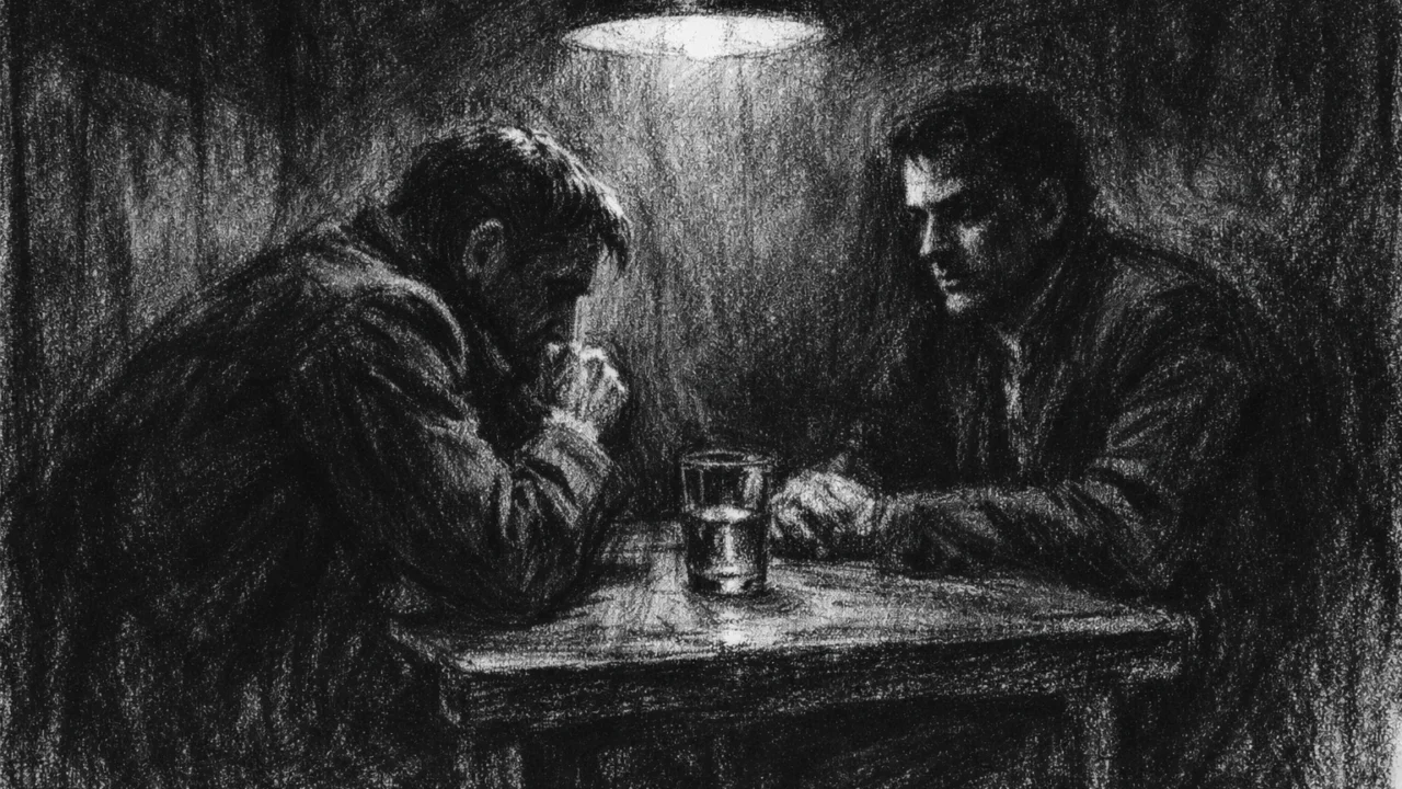 Dvoje ljudi u tihom razgovoru, snažne sjene i napeta atmosfera u charcoal film noir stil, osjećaj sumnje i nelagode