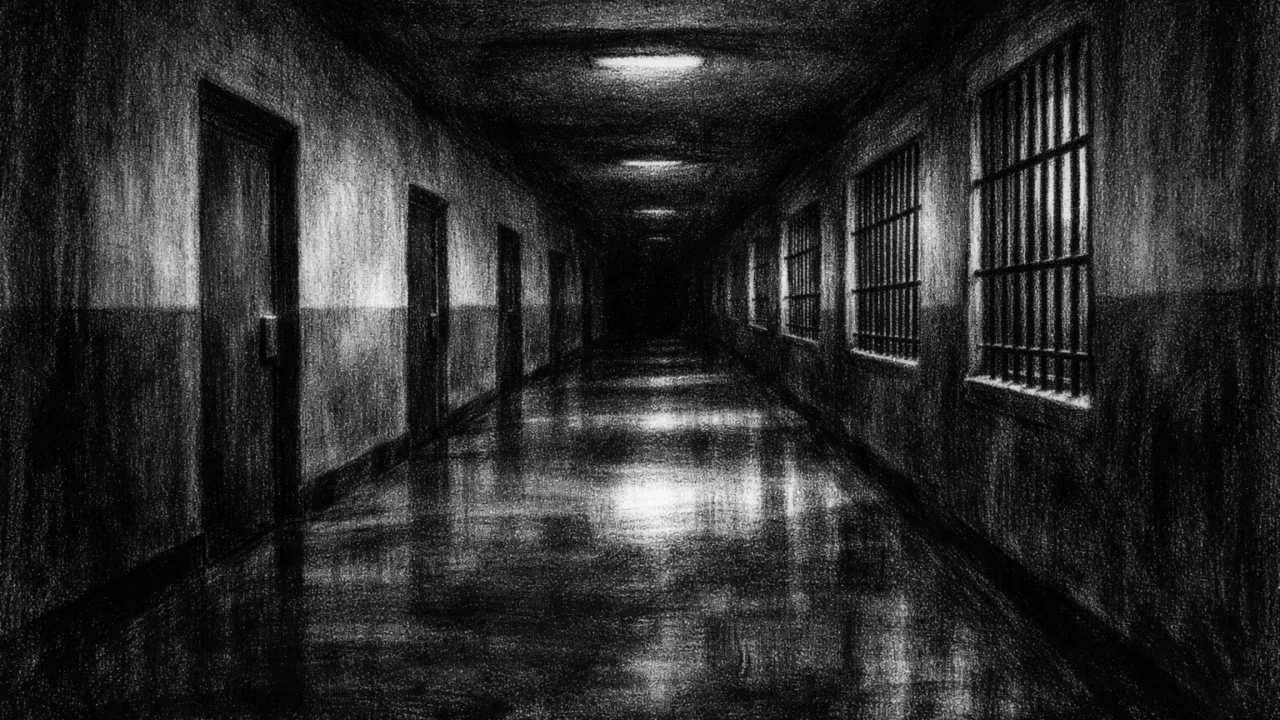 Prazan institucionalni hodnik s dubokom perspektivom, hladna arhitektura i guste sjene u charcoal film noir stil, osjećaj iščekivanja