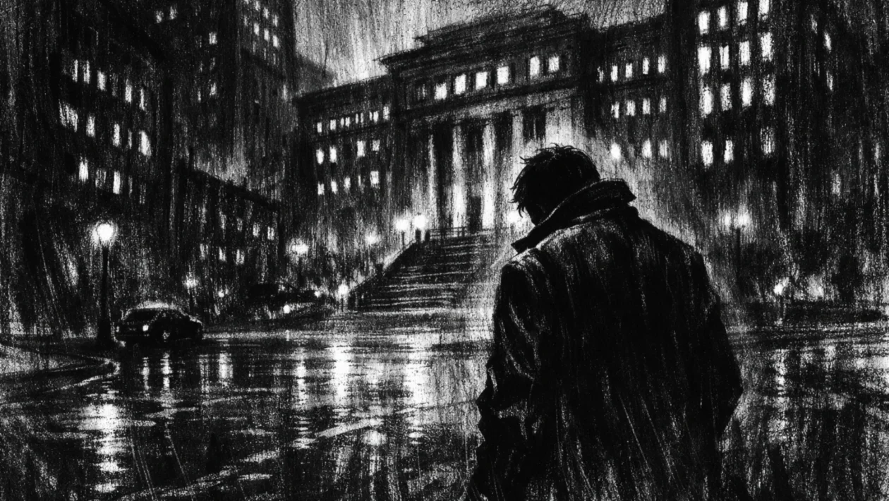 Usamljena figura pred gradskim noćnim pejzažom, teški kontrasti i sjene u charcoal film noir stil, naglašena tjeskoba i izolacija