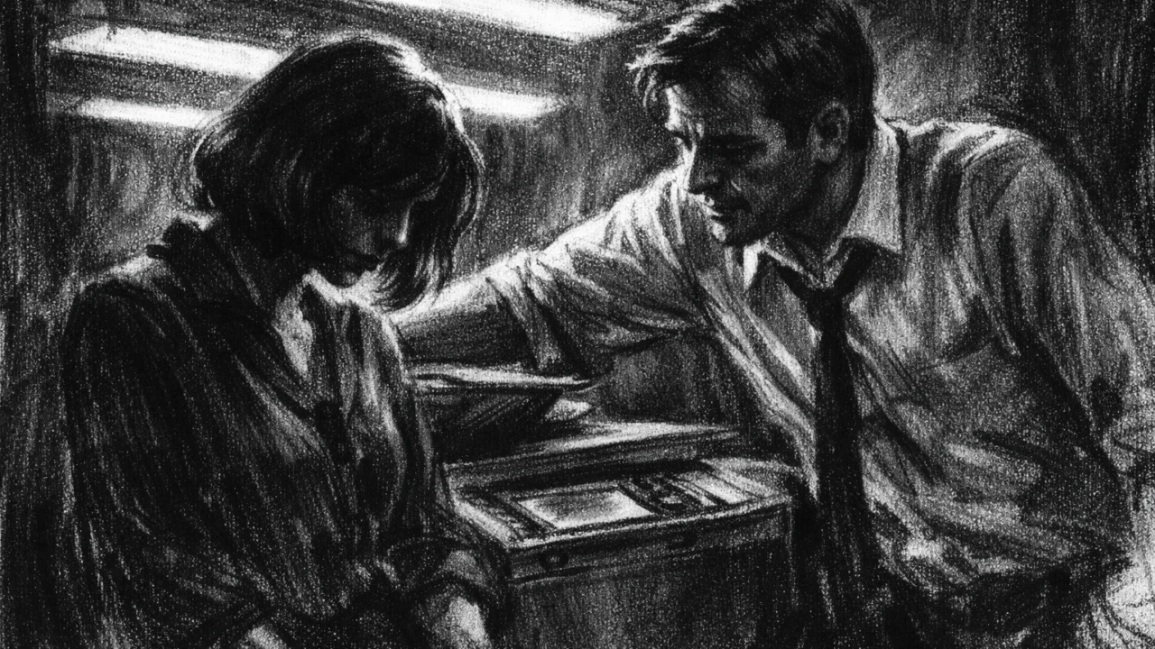 Dvoje ljudi u tihom razgovoru u uredu, nelagoda i toplina u isto vrijeme, prikazano u charcoal film noir stilu s jakim kontrastom.