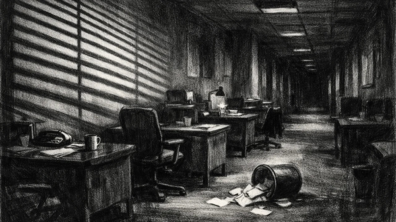 Prazan ured noću s dugim hodnikom i sjenama roleta, simbol rutine i samoće, u izraženom charcoal film noir stilu.
