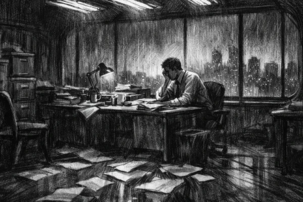 Plakatni prizor u uredu, usamljena figura za stolom u tišini, izražen charcoal film noir stil s jakim sjenama i emotivnom atmosferom.