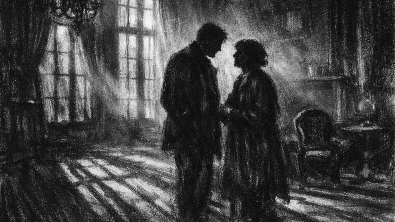 Dvoje ljudi u tihom razgovoru u mračnoj povijesnoj kući, naglašene sjene i emotivna napetost, charcoal film noir stil s visokim kontrastom.