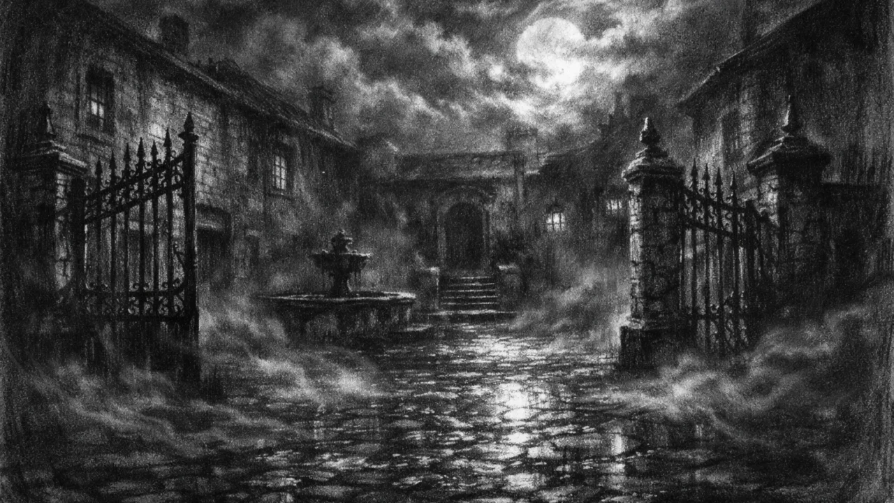 Prazno dvorište s kamenim zgradama i željeznim vratima pod mjesečinom, simbolično i tjeskobno okruženje, charcoal film noir stil u crno-bijeloj atmosferi.