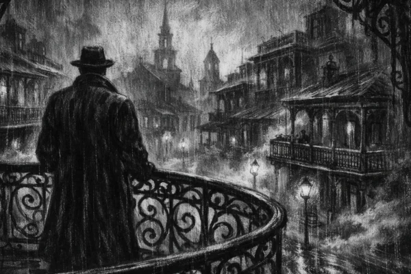 Kinematografski poster s usamljenom figurom na balkonu starog grada, snažna sjena i melankolična atmosfera, charcoal film noir stil u crno-bijeloj tehnici.