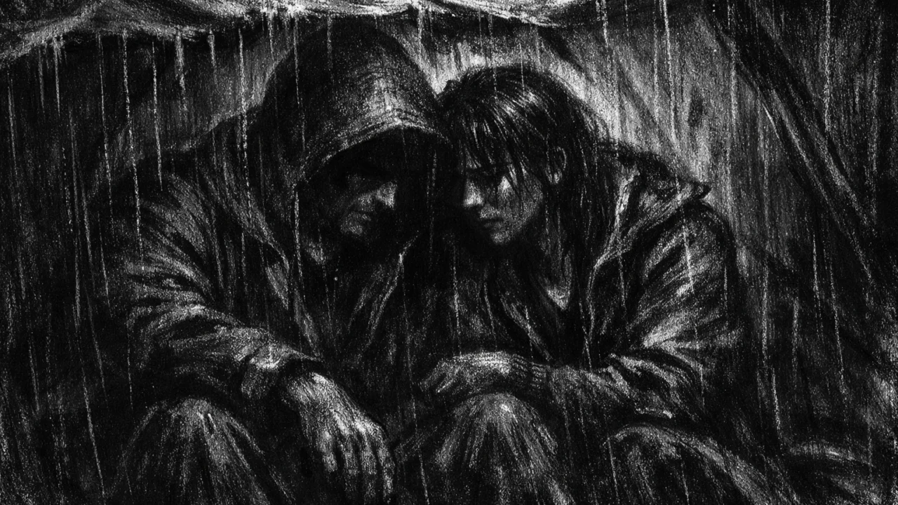 Dvoje ljudi u tihom razgovoru pod zaklonom, prikazano u charcoal film noir stilu, crno-bijelo s naglašenim sjenama i osjećajem emocionalne težine.