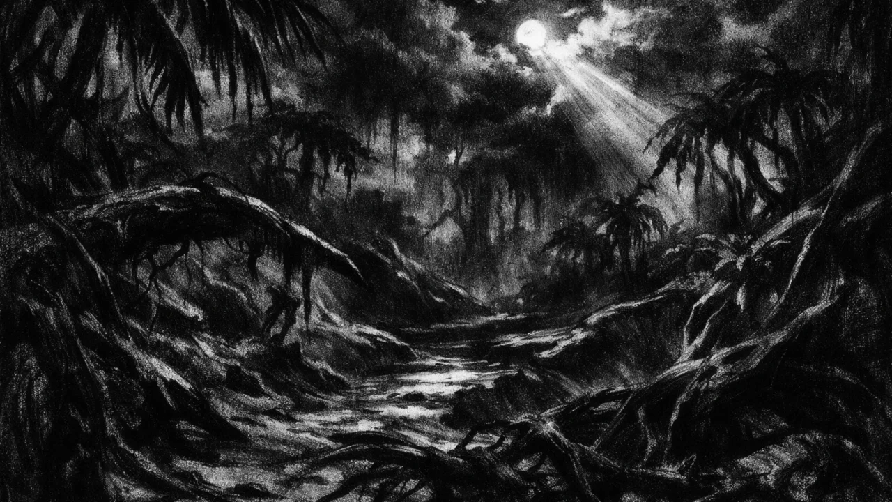 Mračan tropski krajolik bez ljudi u charcoal film noir stilu, crno-bijeli kontrasti, duboke sjene i tjeskobna, simbolična atmosfera.