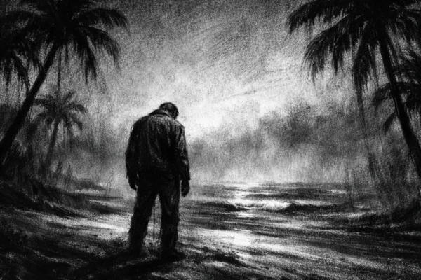 Usamljena figura na pustom obalnom krajoliku u charcoal film noir stilu, crno-bijelo, duboke sjene i sumorna atmosfera koja prenosi iscrpljenost i unutarnju borbu.