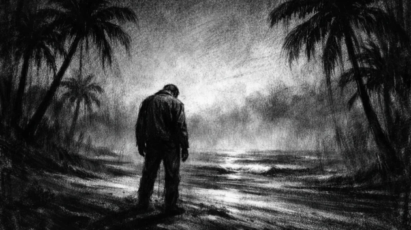 Usamljena figura na pustom obalnom krajoliku u charcoal film noir stilu, crno-bijelo, duboke sjene i sumorna atmosfera koja prenosi iscrpljenost i unutarnju borbu.