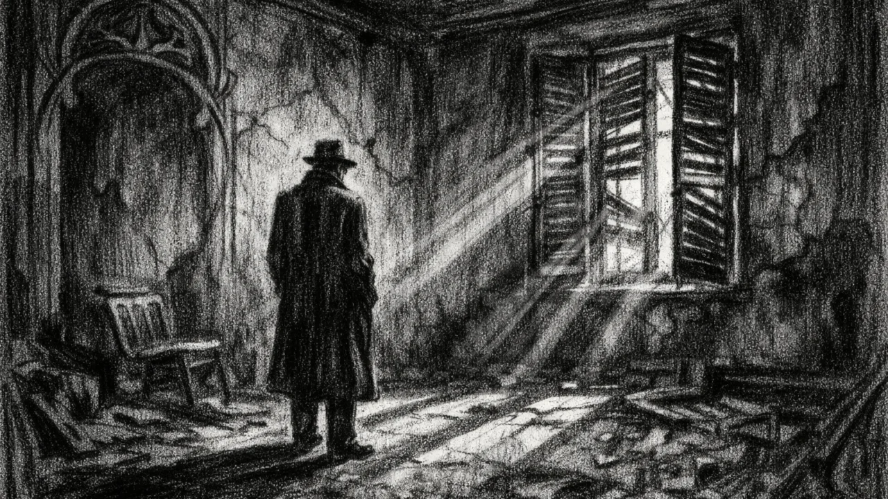 Emotivna scena s osobom u razrušenoj sobi, svjetlo i sjena naglašavaju tišinu i tugu, charcoal film noir stil