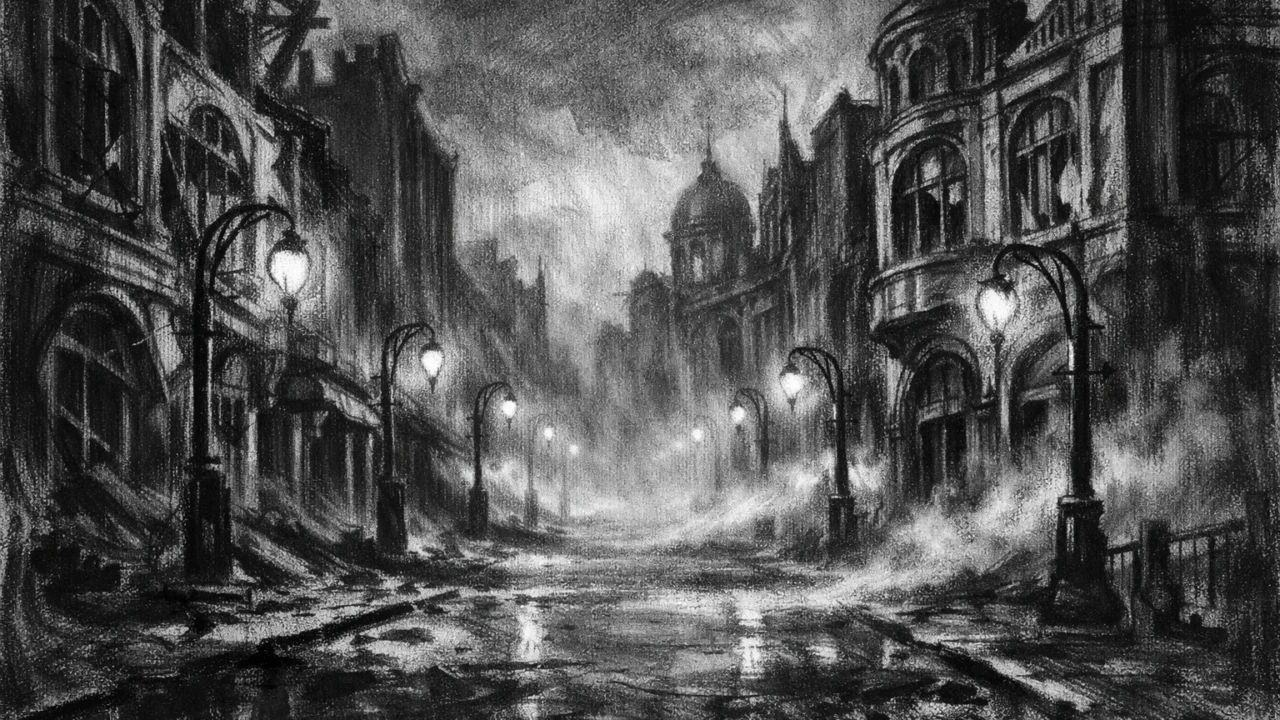 Prazne gradske ulice u sumrak, magla i oronula arhitektura stvaraju tjeskobnu atmosferu, charcoal film noir stil
