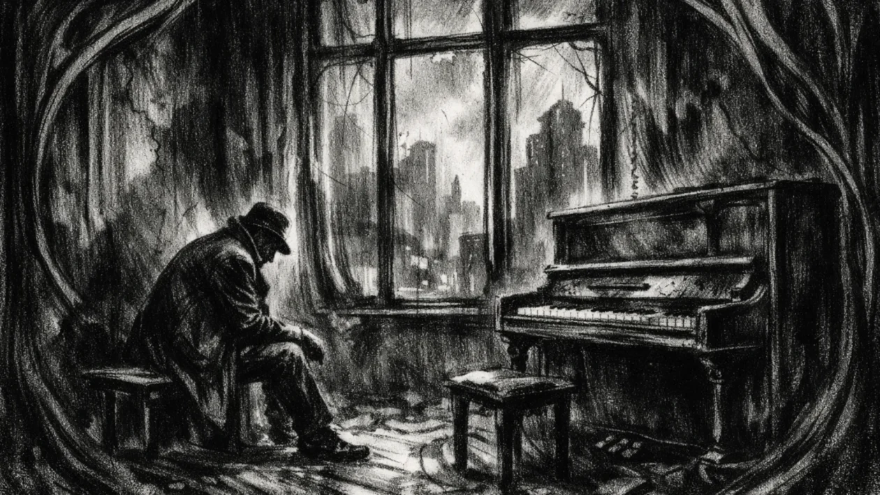 Filmski poster s usamljenom figurom uz klavir u mračnoj sobi, snažne sjene i tišina grada, charcoal film noir stil
