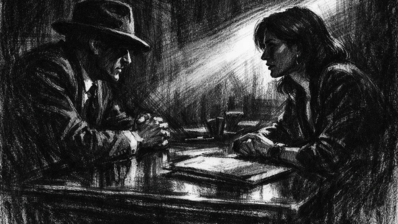 Dvoje ljudi u napetom razgovoru, prikazano u charcoal film noir stilu, s jakim kontrastom, dramatičnim svjetlom i mračnom emocionalnom atmosferom.