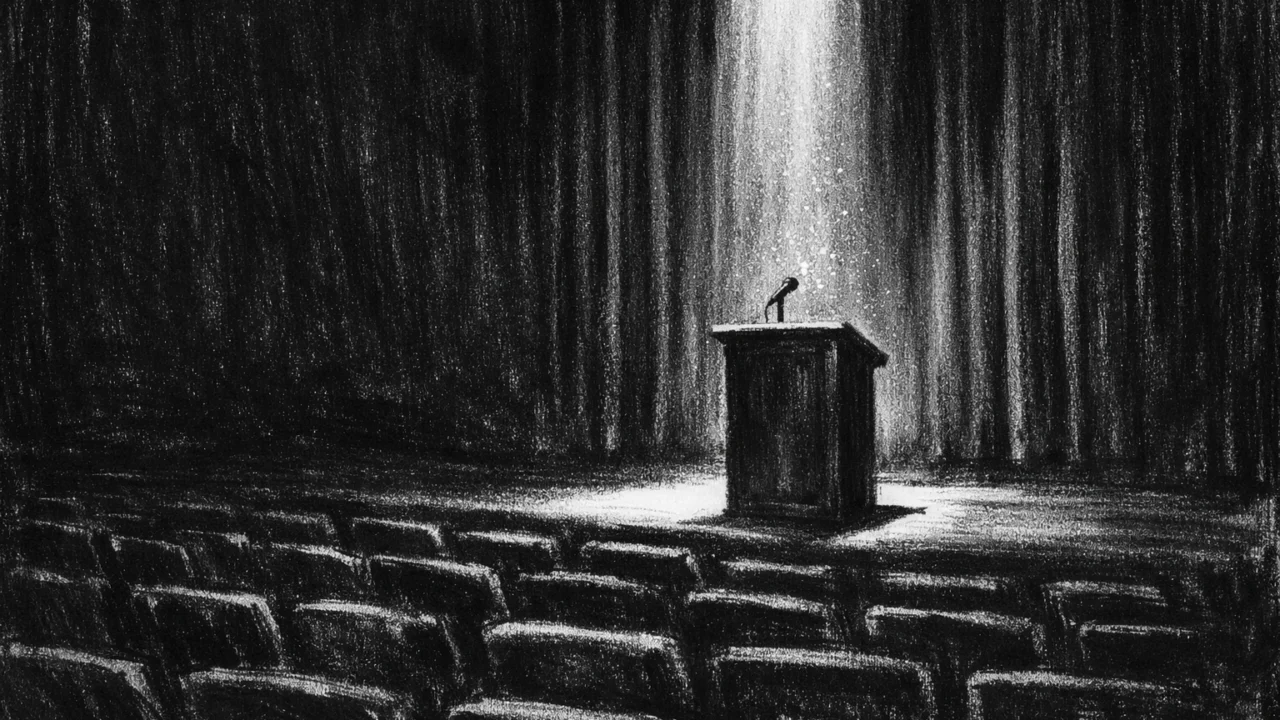 Prazna dvorana s osvijetljenim podijem u charcoal film noir stilu, crno-bijeli kontrast i melankolična atmosfera puna iščekivanja.