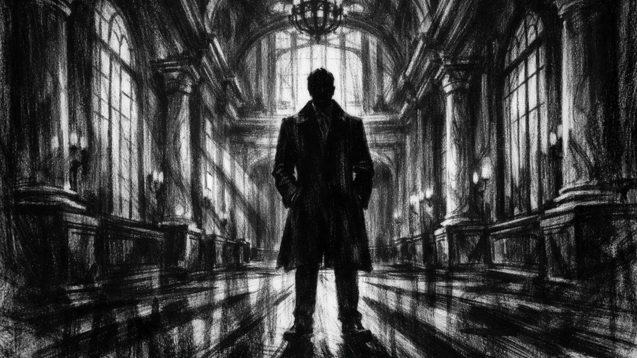 Hero scena u charcoal film noir stilu, usamljena figura u monumentalnom hodniku, crno-bijela atmosfera s dubokim sjenama i osjećajem ambicije.