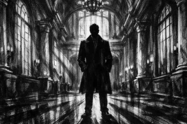 Hero scena u charcoal film noir stilu, usamljena figura u monumentalnom hodniku, crno-bijela atmosfera s dubokim sjenama i osjećajem ambicije.