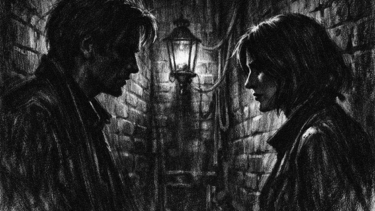 Dvoje ljudi u tihoj konfrontaciji u mračnom hodniku, izražena napetost i sjene, charcoal film noir stil