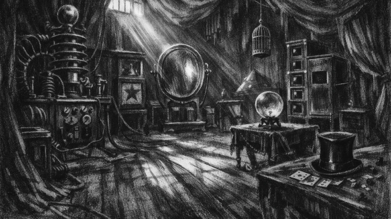 Prazna viktorijanska radionica s misterioznim strojevima i dugim sjenama, charcoal film noir stil