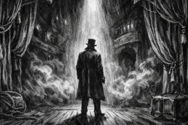 Filmski poster s usamljenom figurom na pozornici, snažne sjene i napeta atmosfera, charcoal film noir stil