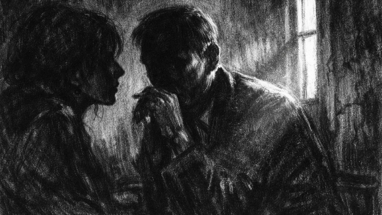 Dvoje ljudi u tihom razgovoru u polumraku, naglašene sjene i napetost, charcoal film noir stil