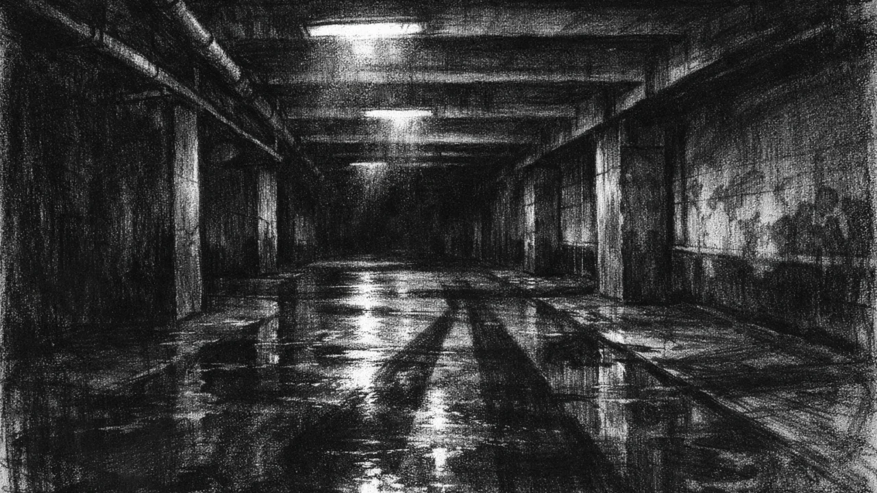Prazan industrijski prostor s dugim sjenama i tjeskobnom atmosferom, charcoal film noir stil