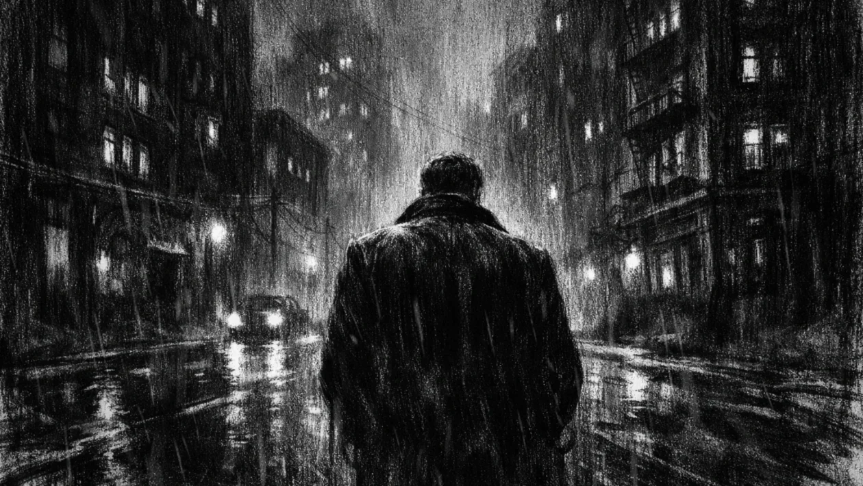 Usamljena silueta u mračnoj urbanoj noći, snažne sjene i emocionalna težina, charcoal film noir stil