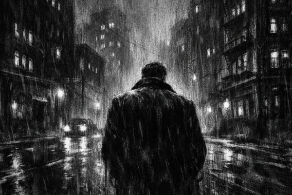 Usamljena silueta u mračnoj urbanoj noći, snažne sjene i emocionalna težina, charcoal film noir stil