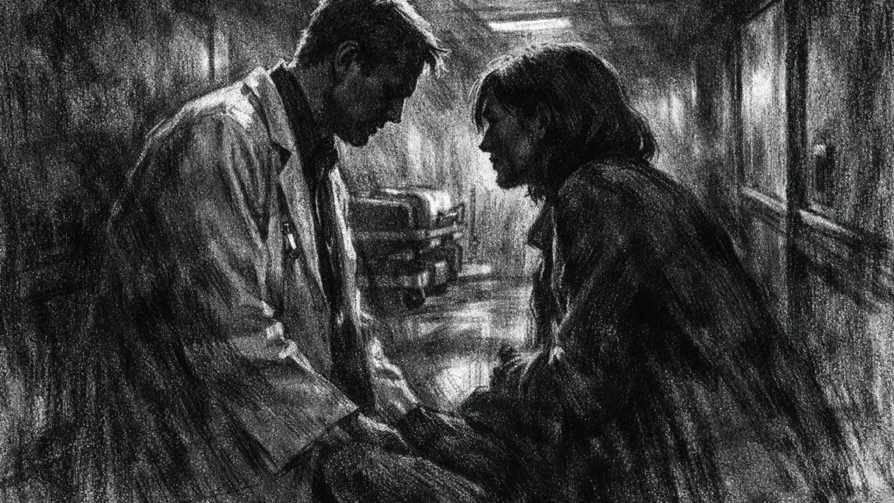 Dvoje ljudi u tihom razgovoru u mračnom hodniku, izražene sjene i emotivna napetost u charcoal film noir stilu.
