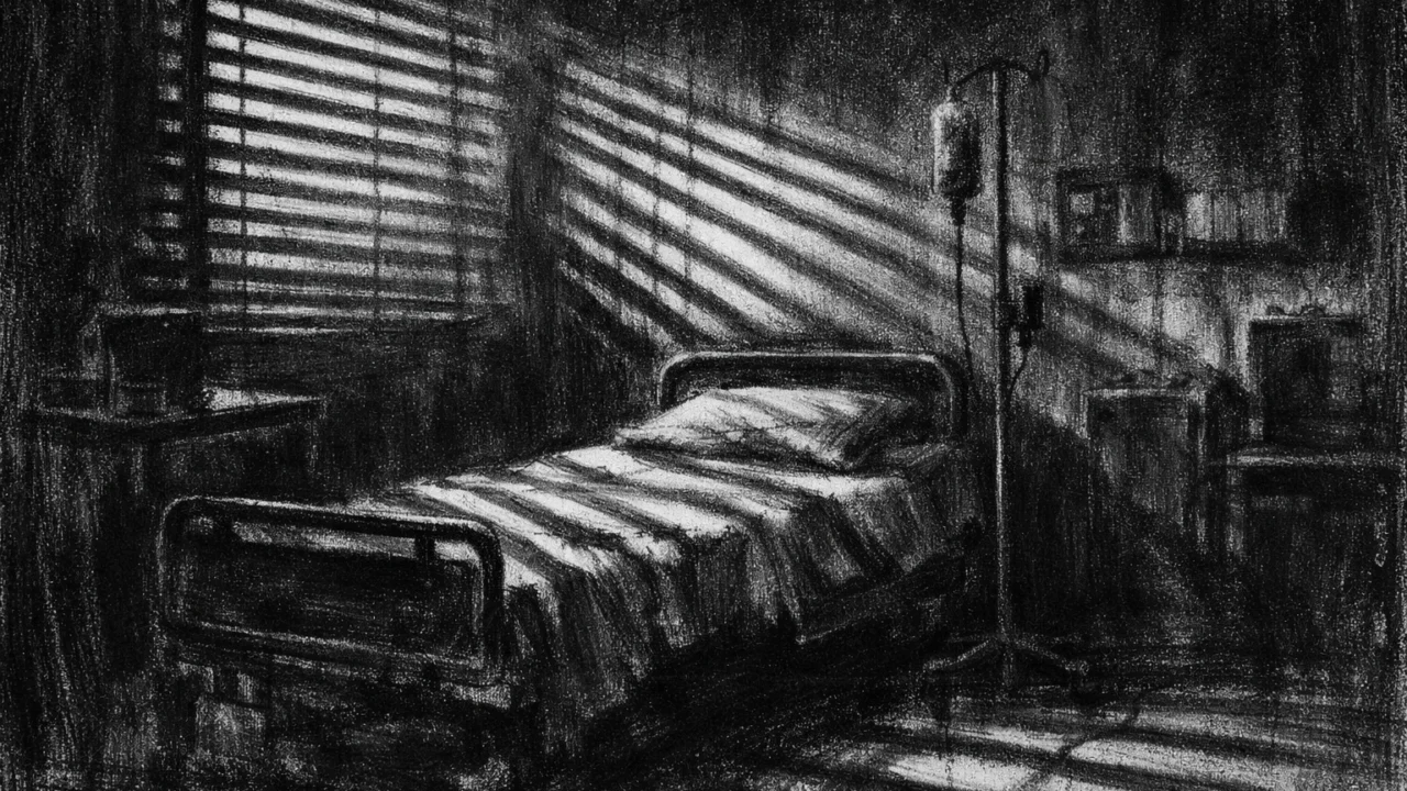 Prazna bolnička soba u zoru s prugama svjetla kroz rolete, tiha i simbolična atmosfera u charcoal film noir stilu.