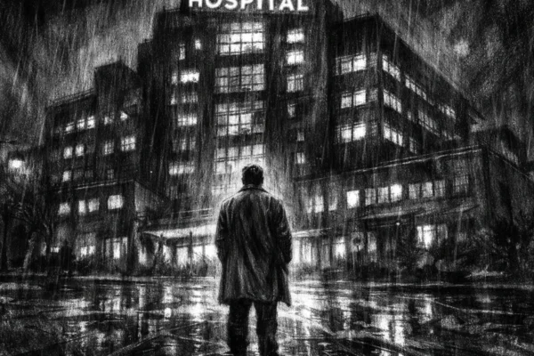Kinematografski poster s urbanom bolnicom noću, usamljena figura ispred zgrade, snažne sjene i visoki kontrast u charcoal film noir stilu.