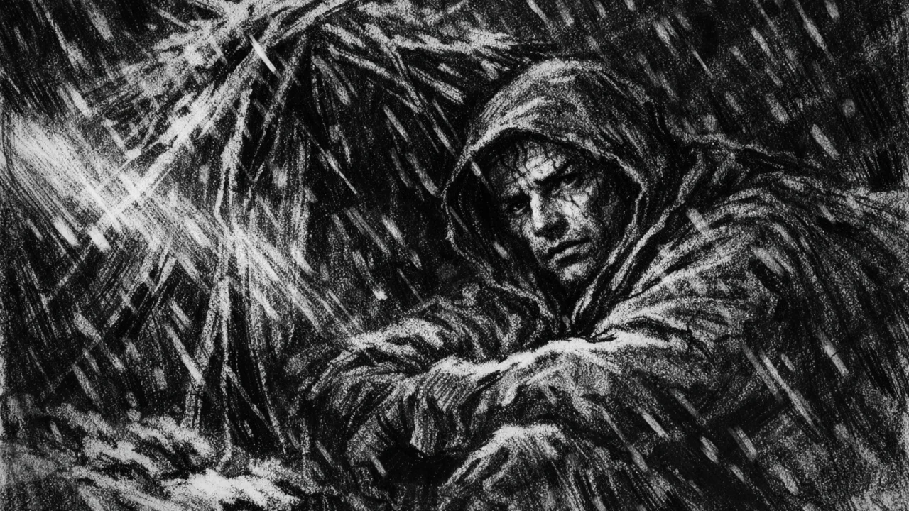 Intimna scena iscrpljenosti i unutarnje borbe u surovoj prirodi, snažni kontrasti svjetla i sjene, charcoal film noir stil