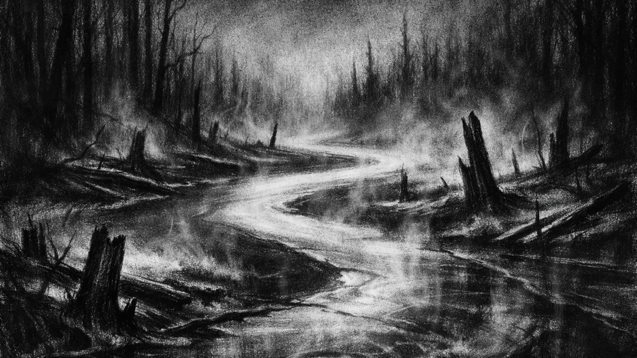 Simboličan zaleđeni krajolik bez ljudi, tišina i prijetnja prirode u prvom planu, charcoal film noir stil