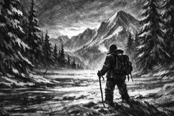 Filmski poster s osamljenom figurom u zaleđenom krajoliku, snažna atmosfera preživljavanja i tišine, charcoal film noir stil