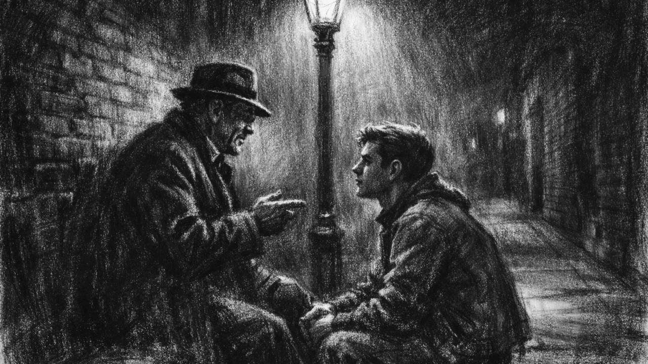 Dramatična scena razgovora u charcoal film noir stilu, dvije osobe pod svjetlom ulice, crno-bijelo s dubokim sjenama