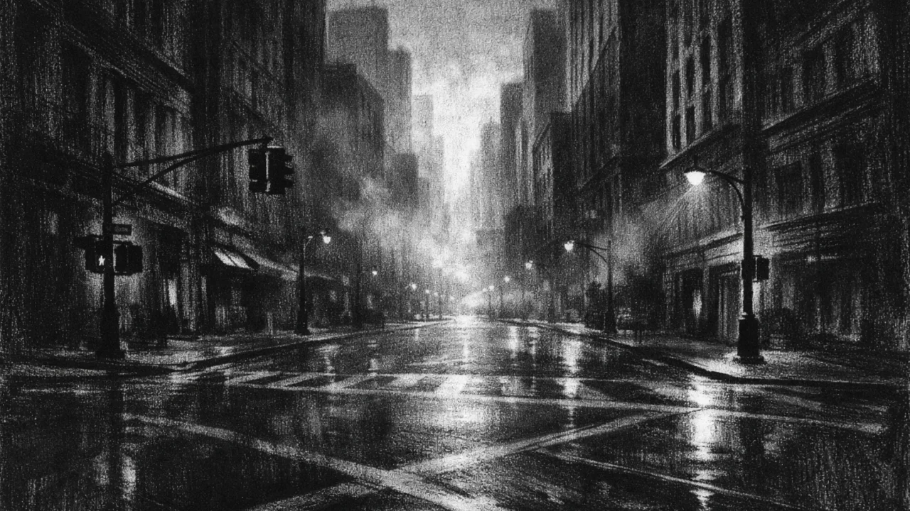 Atmosferski gradski ambijent u charcoal film noir stilu, prazne ulice u zoru, snažan kontrast i melankolična atmosfera