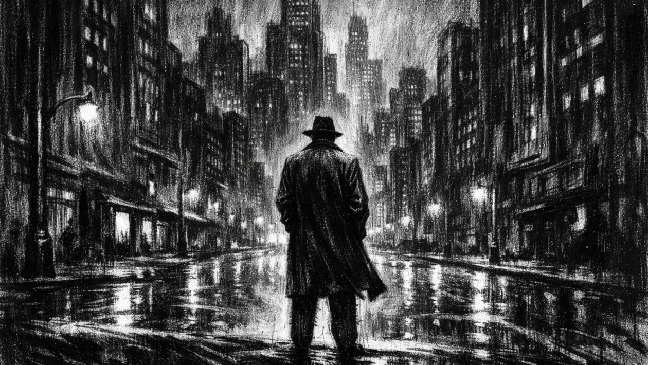 Hero poster u charcoal film noir stilu, usamljena figura u noćnom gradu, snažni kontrasti, duboke sjene i osjećaj kasnog početka