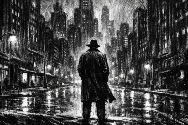 Hero poster u charcoal film noir stilu, usamljena figura u noćnom gradu, snažni kontrasti, duboke sjene i osjećaj kasnog početka