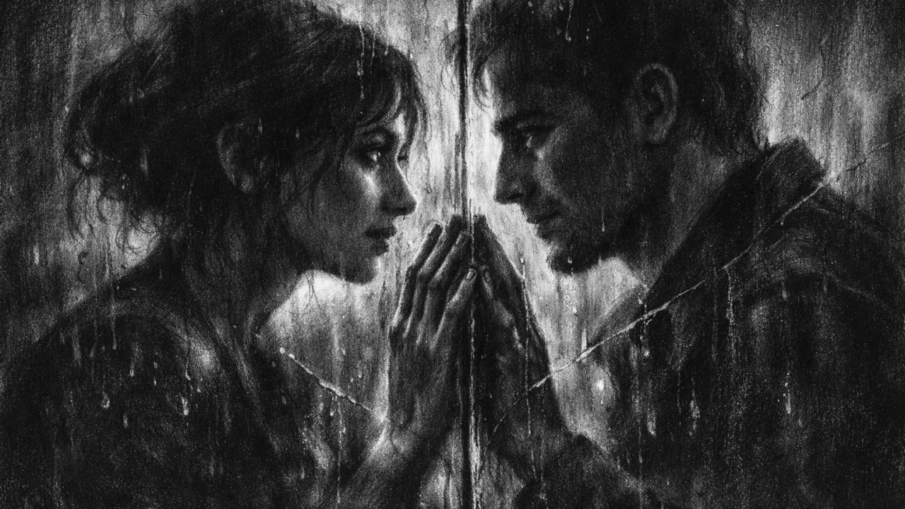 Emotivni susret dviju silueta u charcoal film noir stilu, crno-bijela scena s visokim kontrastom, naglašena tišina, voda i staklo kao simboli bliskosti.