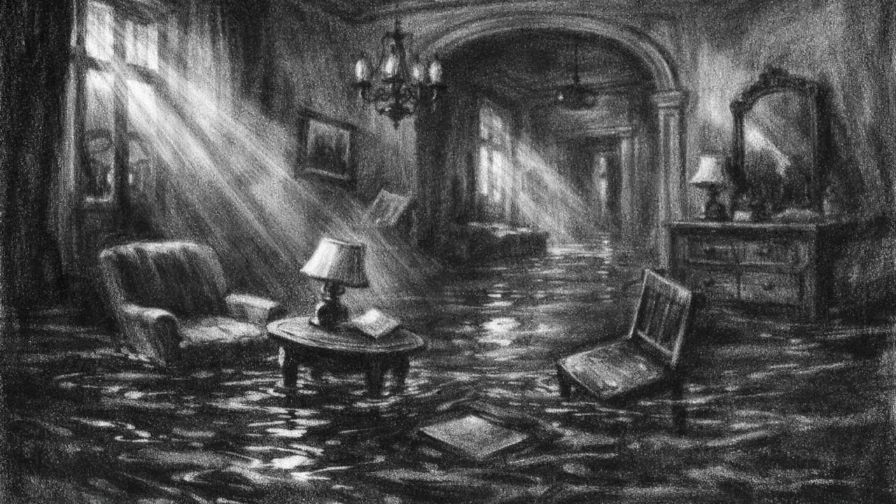 Nadrealni interijer potopljen vodom u charcoal film noir stilu, crno-bijeli ambijent s dubokim sjenama, sporom tišinom i simboličnom atmosferom sna.
